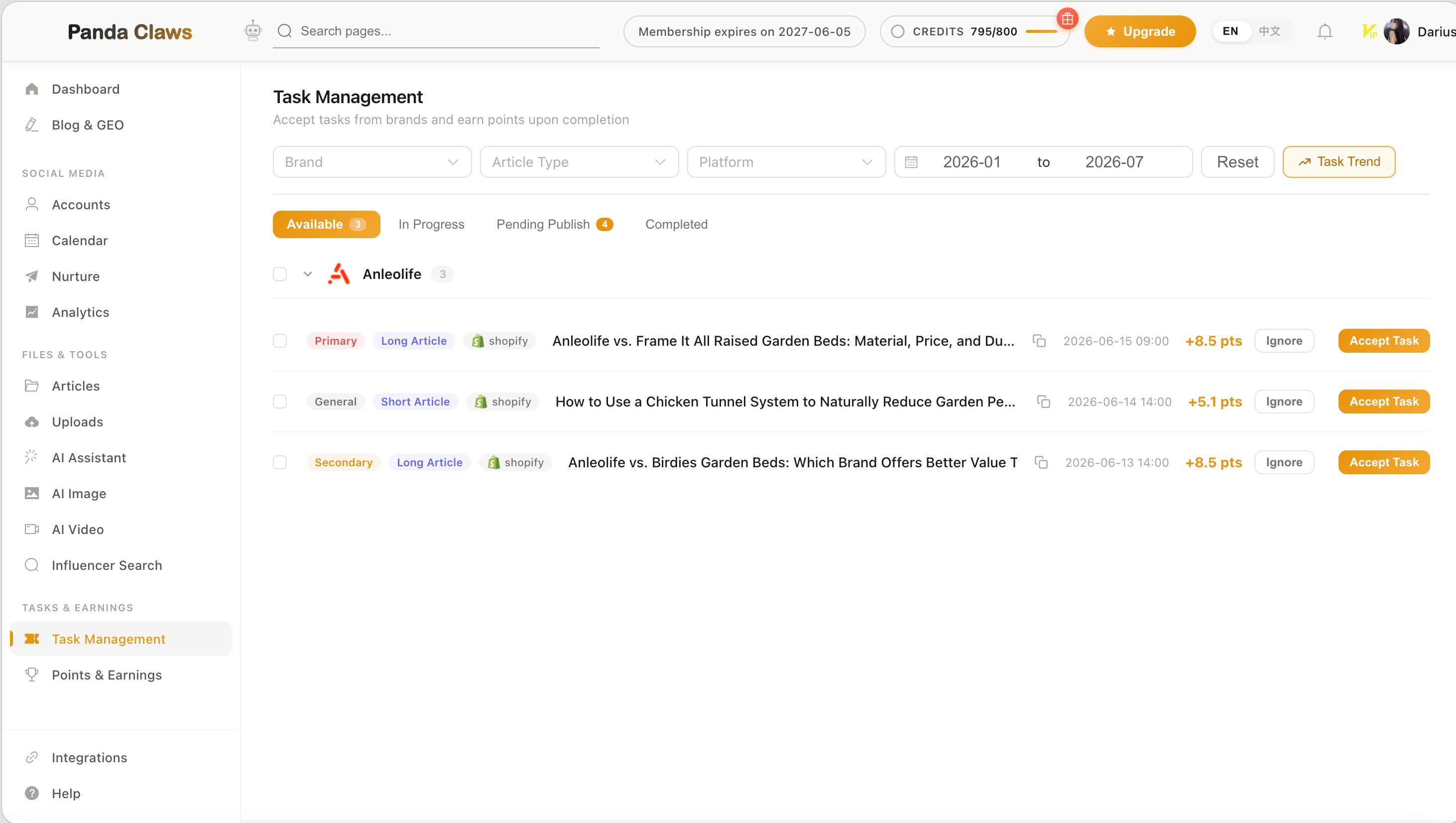 Panda Claws Creator task management